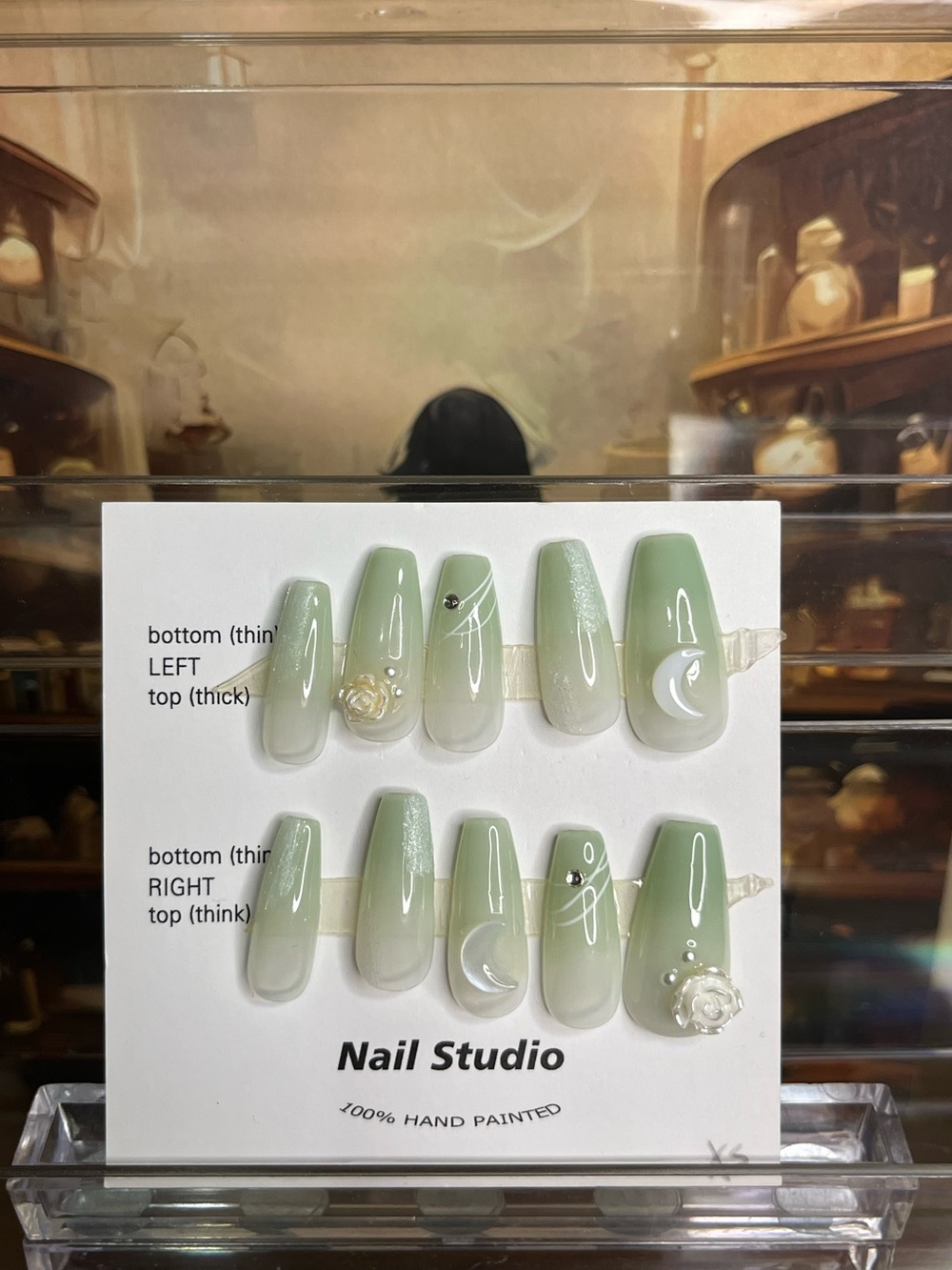 Green Ombre Press-On Nails with 3D Floral Accents coffin
